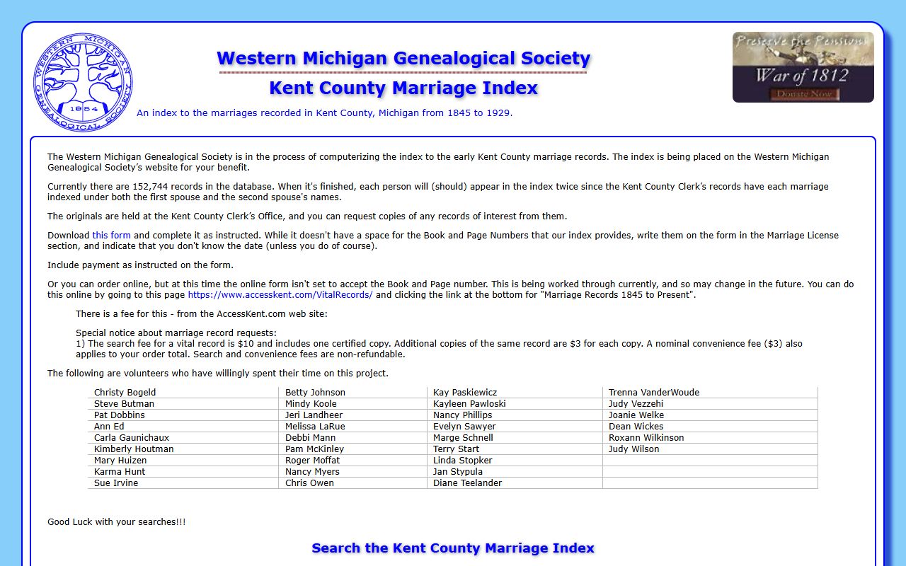 WMGS marriage index Grand Rapids Kent County genealogy records