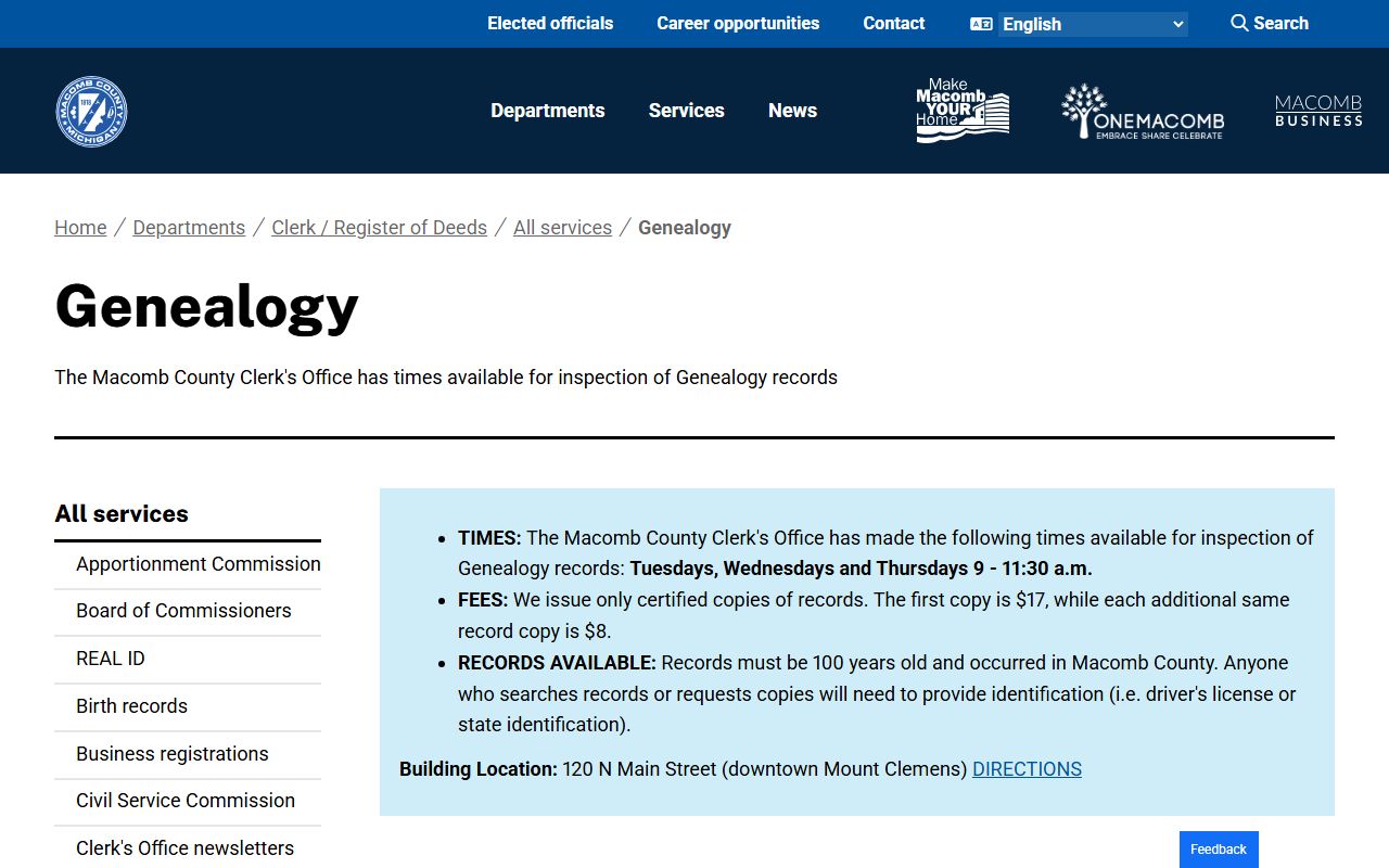Macomb County genealogy records Sterling Heights Michigan vital records