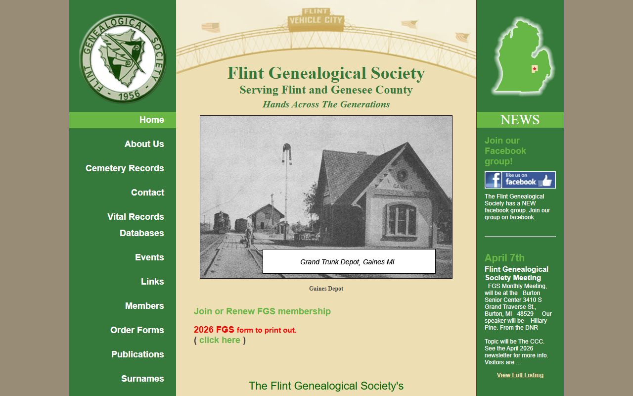 Flint Genealogical Society website for Genesee County genealogy records
