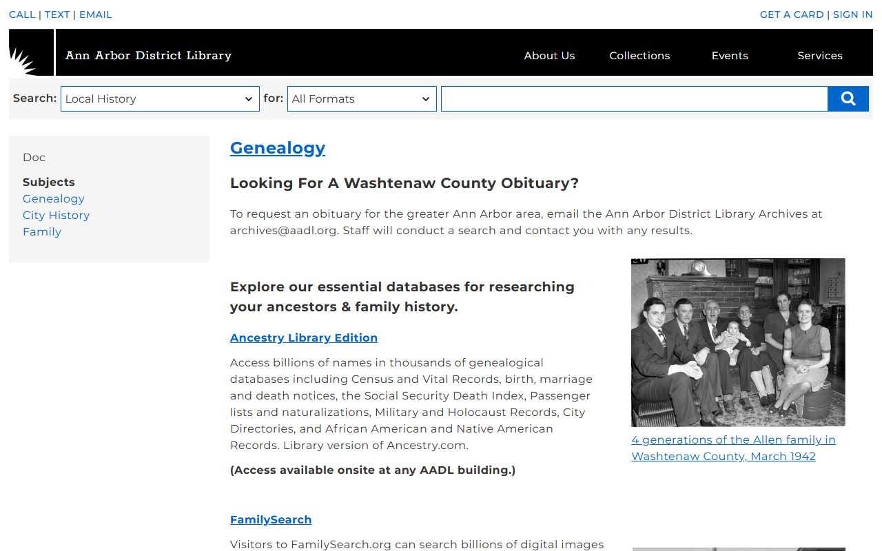 Ann Arbor District Library genealogy resources for Washtenaw County