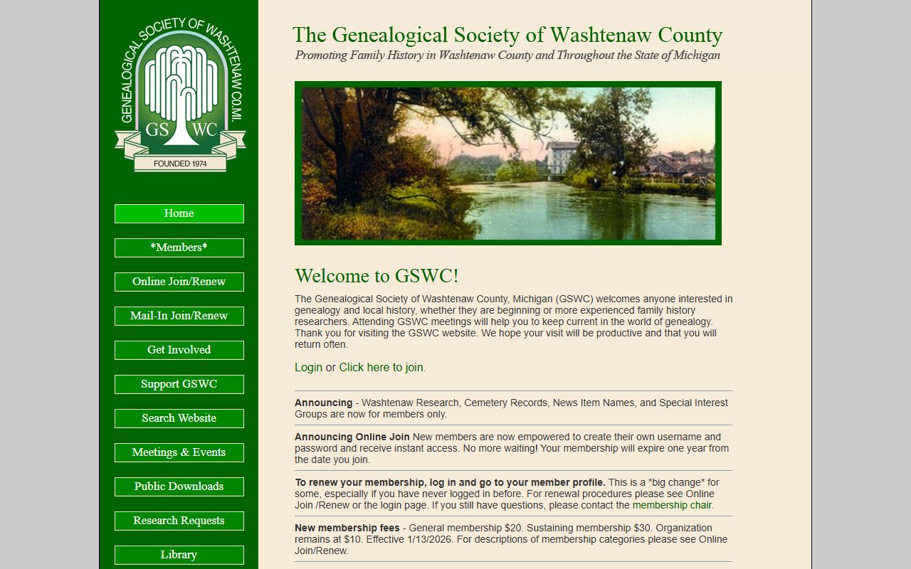Genealogical Society of Washtenaw County website for genealogy records